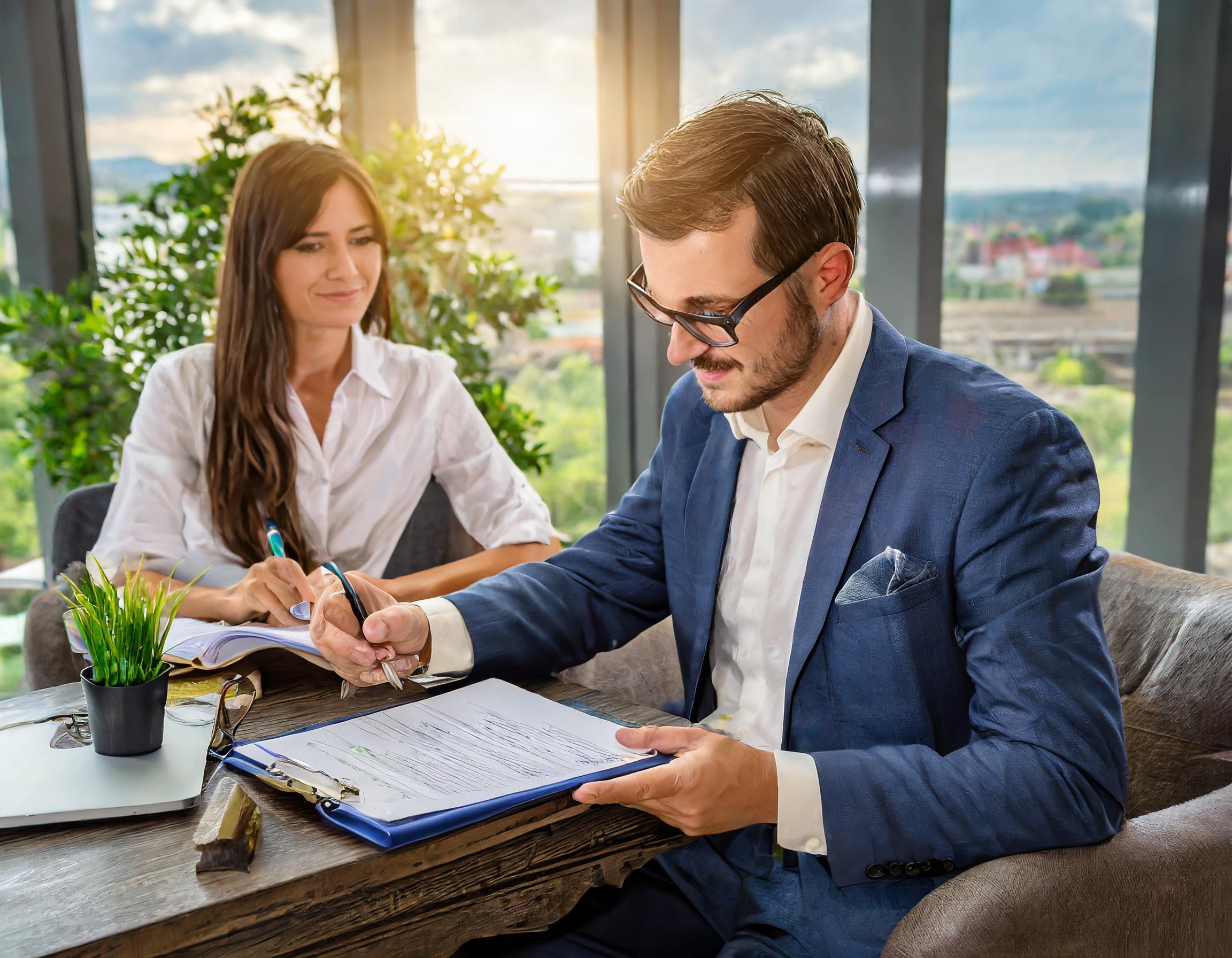 Elegante Büroszene mit professionellen Steuerberatern im Gespräch.